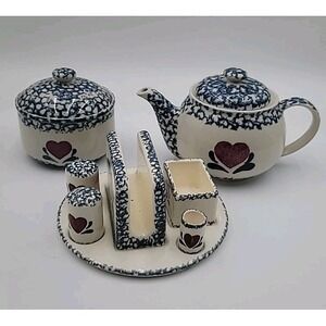 Folk Craft Sponge Hearts by Tienshan Blue 10pc Set Teapot Napkin S&P Red Heart